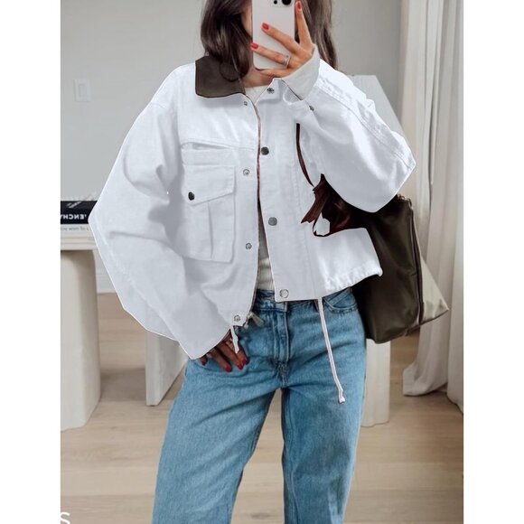 Women Blue Cropped Utility Cargo Coat Contrast Collar Barn Outwear - Picture 5 of 6